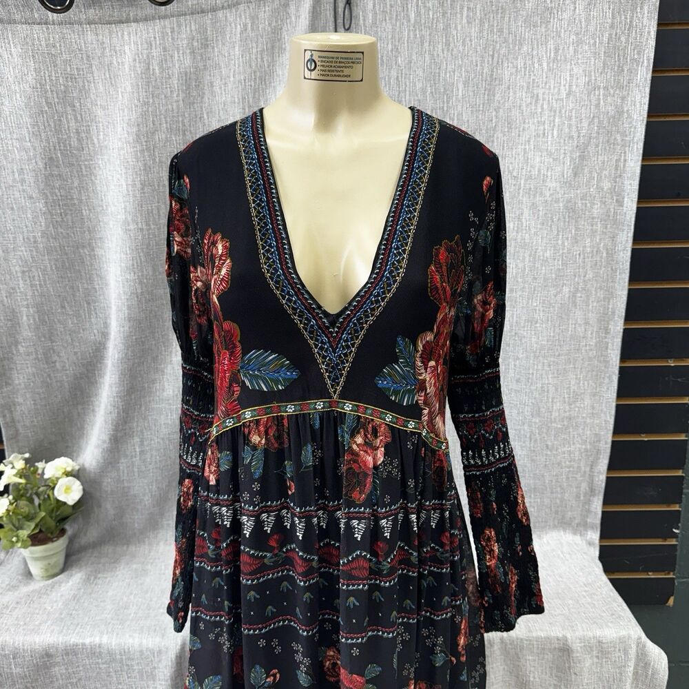 FARM Rio XL Black Floral Embroidered Print Deep V-Neck Smocked Boho Maxi Dress - Picture 4 of 11